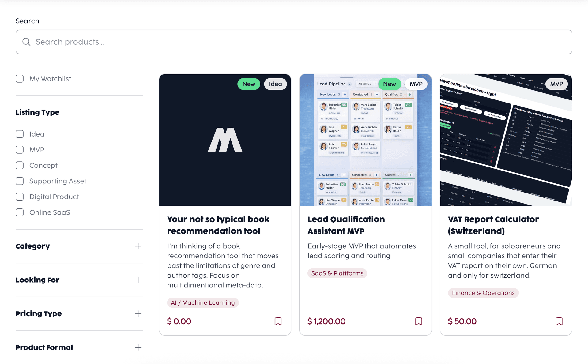 Product listings screenshot